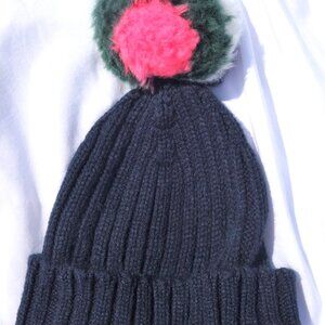JCrew Womens Ribbed POM POM Beanie HAT Knit Navy Beanie EUC